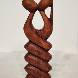 Vtg Solid Wood Hand Carved Abstract Sculpture Statue Figurine, Man Woman Couple Embrace, Unity Love Entwined, Made Ghana, approx 11.5&quot; tall