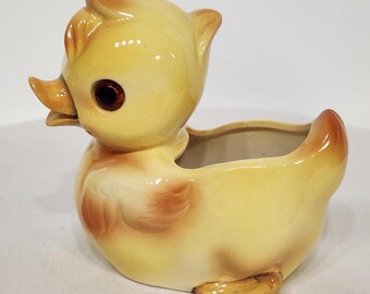Lefton Japan Big Eye Yellow Baby Duck Chick Planter, 1950s Original sticker on bottom, H4309, Ceramic, approx 5.25" tall, 5.25" long
