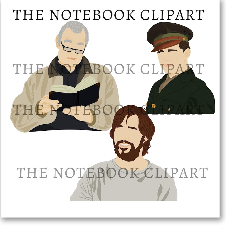May include: Digital clipart featuring three male figures. One is an older man with glasses reading a book, another is a man in a military uniform, and the third is a man with a beard. The text "THE NOTEBOOK CLIPART" is above and below the figures.