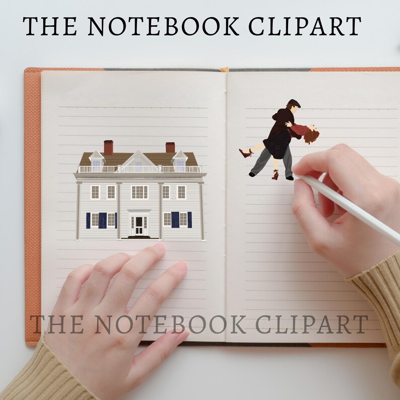 May include: Open notebook with lined pages, featuring illustrations of a house and a couple dancing. The text "THE NOTEBOOK CLIPART" appears at the top and bottom of the image. A hand holds a white stylus.