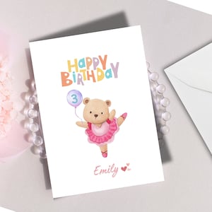 Carte d'anniversaire personnalisée avec nom d'ours, carte d'anniversaire avec nom d'enfant, carte d'anniversaire avec nom de bébé fille, carte d'anniversaire douce