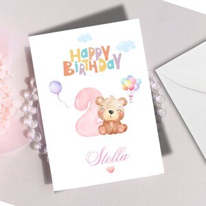 Carte d'anniversaire personnalisée avec nom et âge pour enfants Carte d'anniversaire ours mignon pour bébé fille