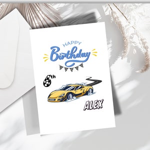 Carte d'anniversaire personnalisée avec nom et âge pour garçons, carte d'anniversaire avec voiture