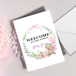 Carte de bienvenue dans le monde, nom personnalisé, carte de bienvenue pour bébé fille, carte de bienvenue pour bébé mignon