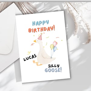 Carte d'anniversaire Silly Goose Carte d'anniversaire personnalisée avec nom d'enfant mignon Carte d'anniversaire drôle pour les enfants