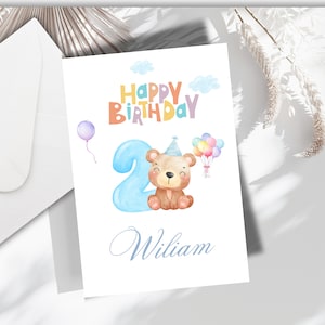Nom d'enfant personnalisé et carte d'anniversaire pour le deuxième anniversaire d'un garçon, jolie carte pour le premier anniversaire d'un bébé