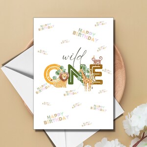 Carte de premier anniversaire pour bébé, carte d'anniversaire sauvage, carte d'anniversaire animal