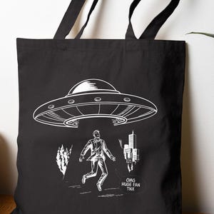 UFO Abduction Cotton Tote Bag: Funny Flying Saucer Grocery Bag