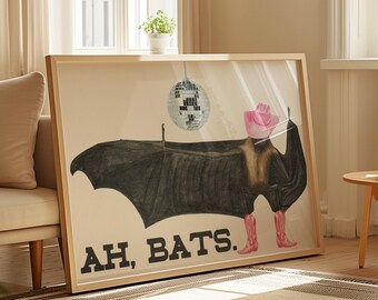 Vintage Pink Halloween Bat Poster: Western Disco Dorm Decor (Digital Download)