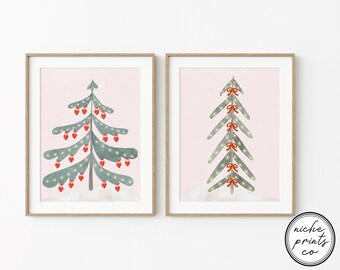 Pink Christmas Tree Decor Watercolor Ornaments Rustic Christmas Giclee Prints