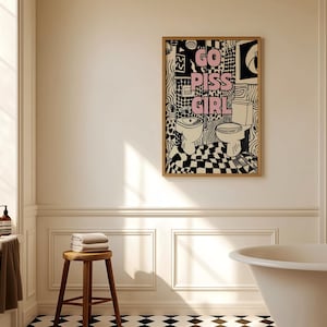Go Piss Girl Art Funny Bathroom Digital Print Set | Vintage Typography Wall Art & Funky Toilet Decor for Dorms