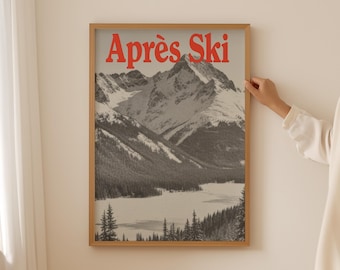 Plakat vintage Après Ski, dekoracja ścienna w stylu górskim, czarno-biały, zimowy do druku