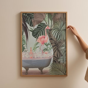 Pink Flamingo Bathroom Art Print: Vintage Coastal Decor (Digital Download)