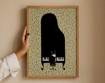 Tuxedo Cat Giclee Print: Vintage Grand Piano Portrait Wall Art
