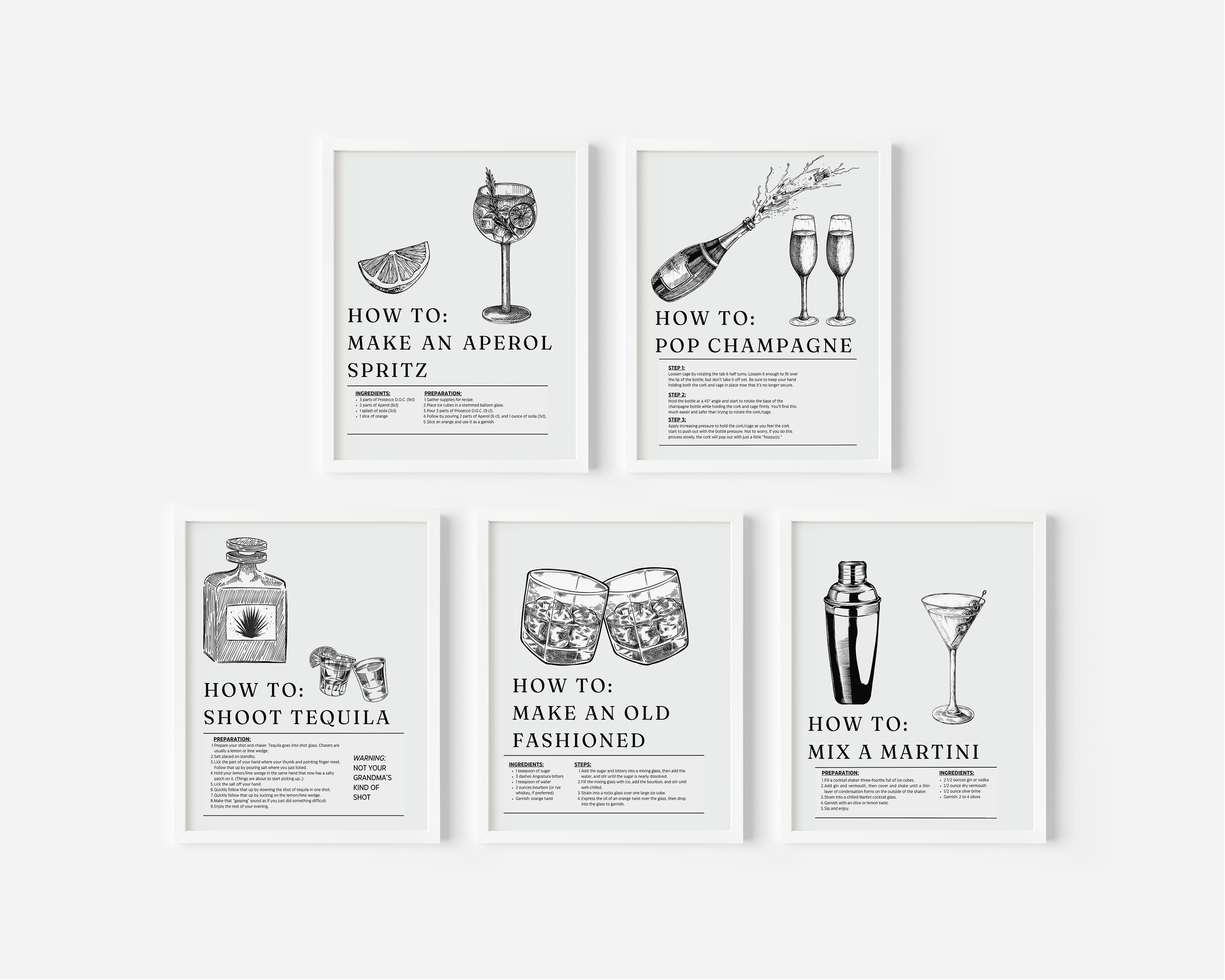 Alcohol Prints Black and White Art Aperol Spritz Print Bar Cart Art