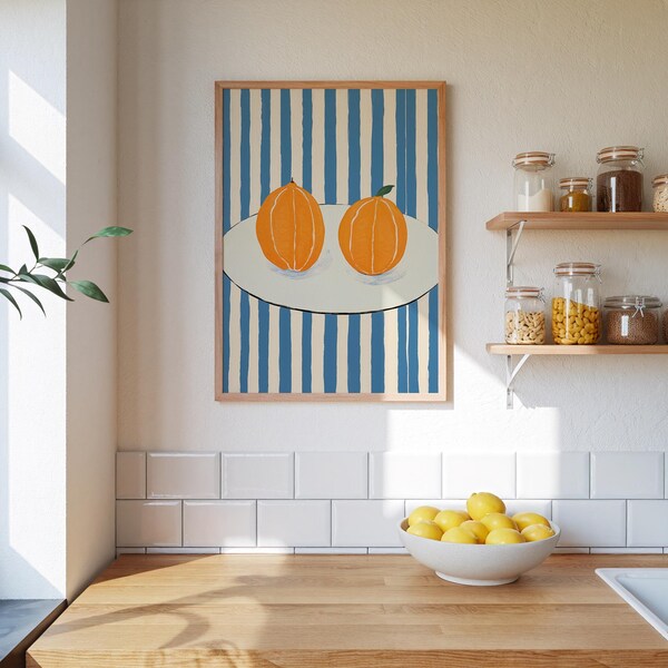 Impresión de acuarela "Plato de naranjas": Arte minimalista de cocina retro (Descarga digital)