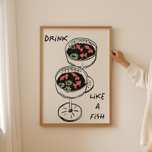 Drink Like A Fish-print, koiviskunst, cocktailposter voor styling barwagen, uniek cadeau voor thuisbar