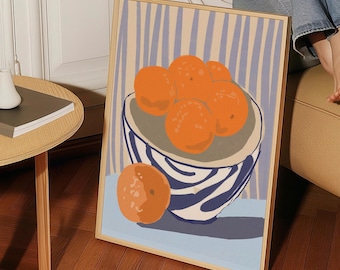 Orange Obstschale Illustration: Rustikale Küche Stillleben (Digitaler Download)