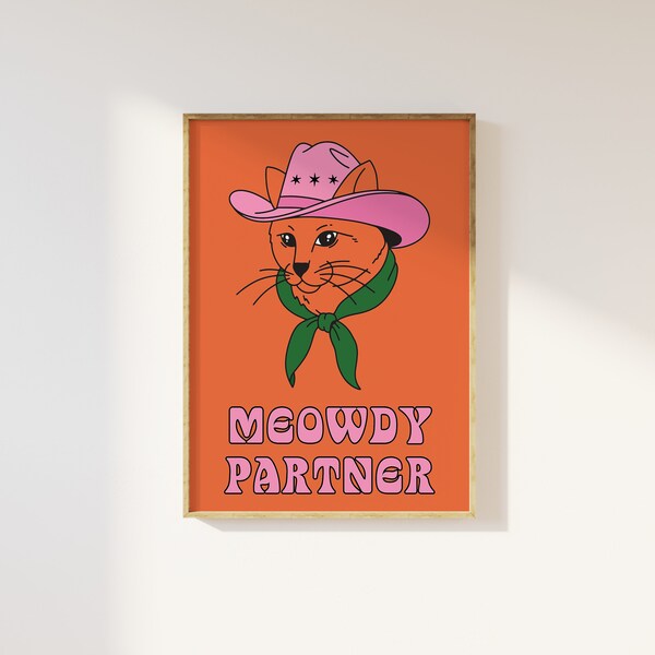 Meowdy Partner Tabby Cat Art | Printable Cowboy Cat Meme | Western Home Decor | Eclectic & Retro Dorm Decor | Animal Lovers Gift
