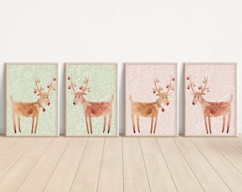 Pink Christmas | Retro Christmas | Cute Reindeer | Classic Christmas | Christmas Printables | Set of 2