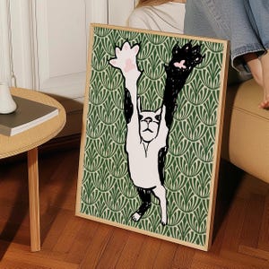 Lámina de pared elástica de gato, póster giclée de gatito caprichoso, arte abstracto verde vintage, decoración felina vibrante para el hogar