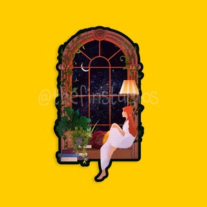 Sticker Belle nuit étoilée | Fille cosmique dans une fenêtre | Fait main | Autocollant mat et imperméable