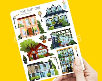 Schöne Häuser Sticker Bogen | Hübsche Häuser im Frühling | Handarbeit | Wasserdichte Aufkleber für Laptop und Journal