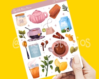 Cute Tea Time Sticker Sheet | Spill the Tea | Handmade | Matte Kawaii Waterproof Stickers