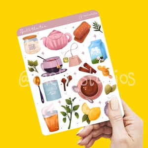 Linda hoja de pegatinas para la hora del té / Derrame el té / Hecha a mano / Pegatinas mate kawaii a prueba de agua