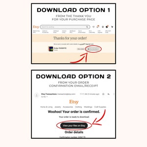 May include: Screenshot of two Etsy order confirmation pages showing how to download digital files. The first page shows the "View your files" button on the Etsy thank you page. The second page shows the "View your files on Etsy" button on the order confirmation email. Both pages show the order number 2456170.