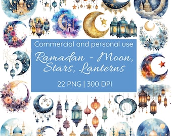 May include: A set of 22 watercolor illustrations featuring Ramadan themes. The illustrations include crescent moons, stars, lanterns, and mosques. The illustrations are in shades of blue, gold, and white.