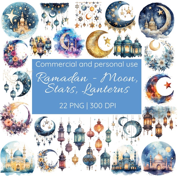 Ramadan Eid Moon Stars Lanterns Clipart Bundle, Islamic Illustration, Watercolor Clipart, Muslim PNG, 300 dpi, Junk Journal, Commercial Use