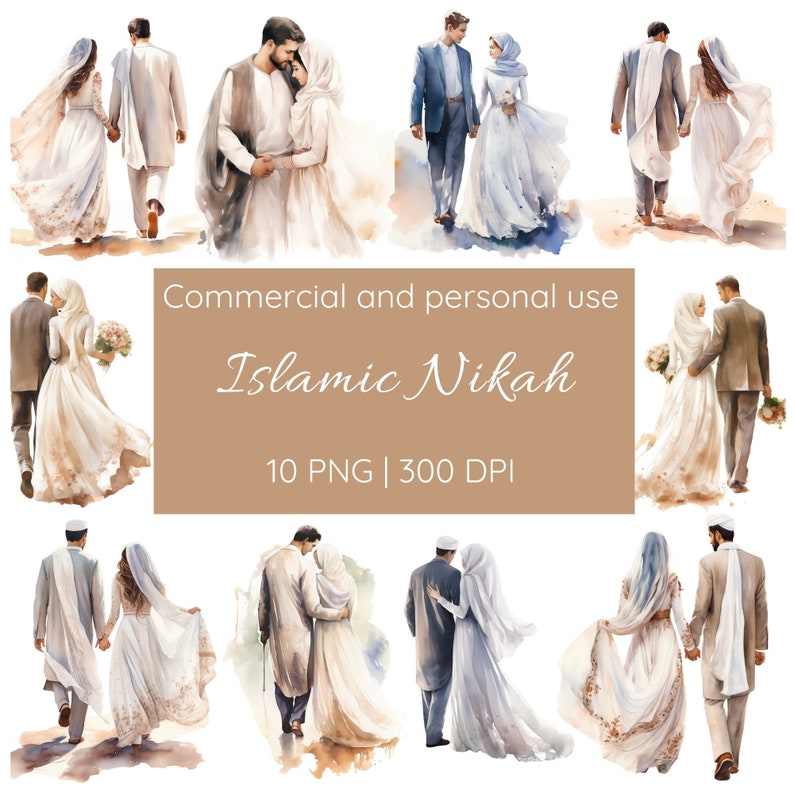 Islamic Nikah Clipart, Muslim Couple Wedding, Islamic Illustration, Watercolor Clipart, Hijab PNG, 300 dpi, Junk Journal, Commercial License