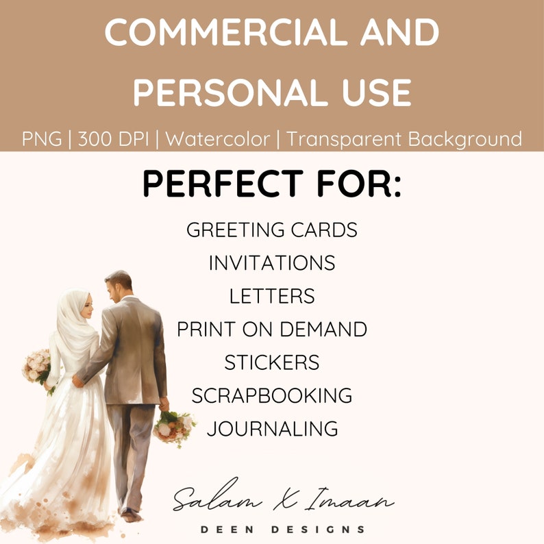 Islamic Nikah Clipart, Muslim Couple Wedding, Islamic Illustration, Watercolor Clipart, Hijab PNG, 300 dpi, Junk Journal, Commercial License