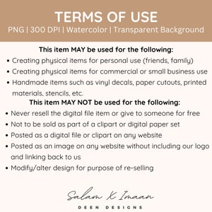 May include: Terms of use for a digital product, such as a clipart or digital paper set. The text states that the item may be used for personal or commercial use, but not for reselling or posting on a website without crediting the creator.