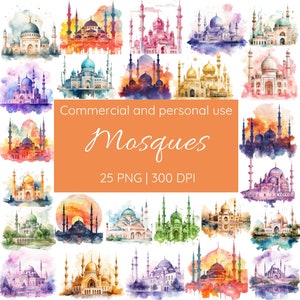Mosques Clipart Bundle, Masjid Illustration Clipart, Islamic Watercolor Clipart, Muslim PNG, 300 dpi PNG, Junk Journal, Commercial License