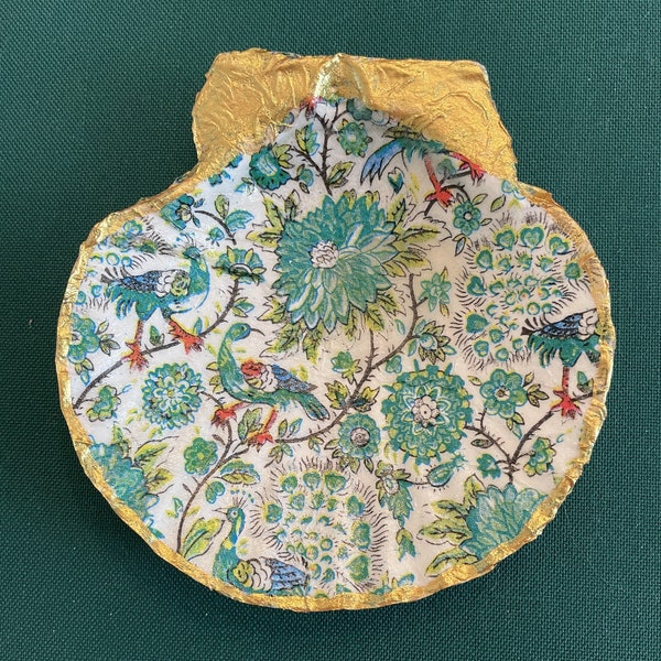 European-Inspired Handpainted 24K Gold Trimmed Decoupage Scallop Shell Trinket Dish