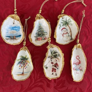 Coastal Christmas Oyster Shell Ornaments W/Hand-painted 24 Karat Gold Border