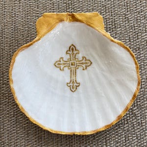 Religious Scallop Shell Trinket Dish with 24 K Hand-Painted Border