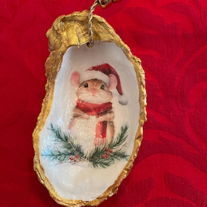 Adorable Christmas Mouse Decoupage Oyster Shell Ornament w/Hand-Painted 24 Karat Gold Border