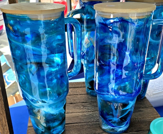 Beachy Coastal Glass Tumbler: Large Capacity with Bamboo Lid & Straw