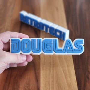 May include: White plastic nameplate with the word "DOUGLAS" in blue letters. The letters are outlined in white and have a retro video game style.