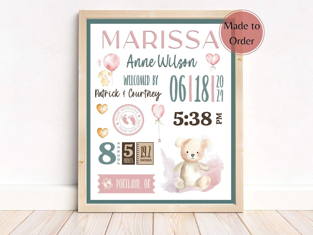 Birth Stats Poster Printable, Girl Birth Announcement Custom Sign, Bear ...