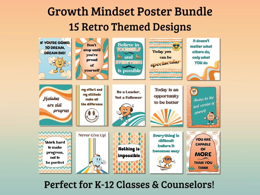 Retro Growth Mindset Poster Printable Affirmation Bundle Groovy ...