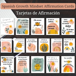 Tarjetas de afirmación positiva de mentalidad de crecimiento en español Tarjetas imprimibles para consejeros escolares de Boho de la clase de español Motivación para estudiantes Ánimo diario