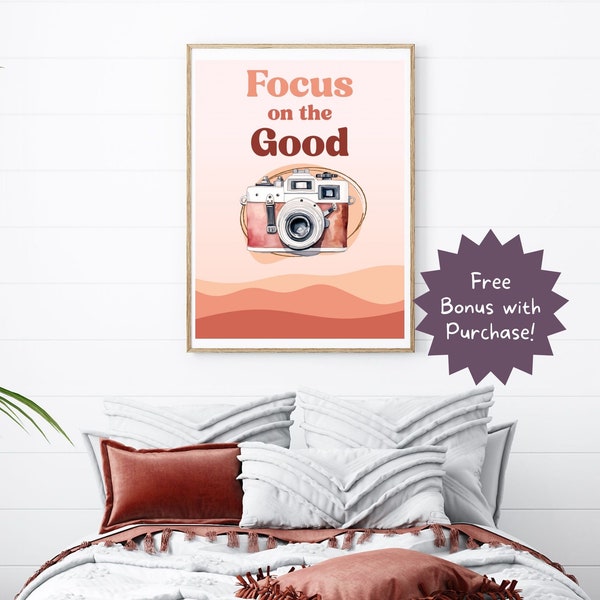 Focus on the Good Printable Poster, Classroom Retro Decor, Growth Mindset Poster, Trendy Home Office Bedroom Retro Camera Print Wall Art 90s