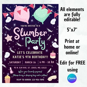 Sleepover Party Invite Printable Editable, Tween Slumber Party, Pajama Party, Girls Birthday Invitation Template, Instant Digital Download