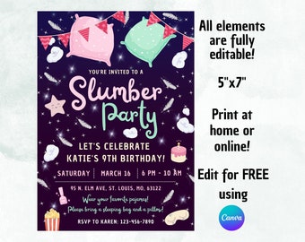 Sleepover Party Invite Printable Editable, Tween Slumber Party, Pajama Party, Girls Birthday Invitation Template, Instant Digital Download