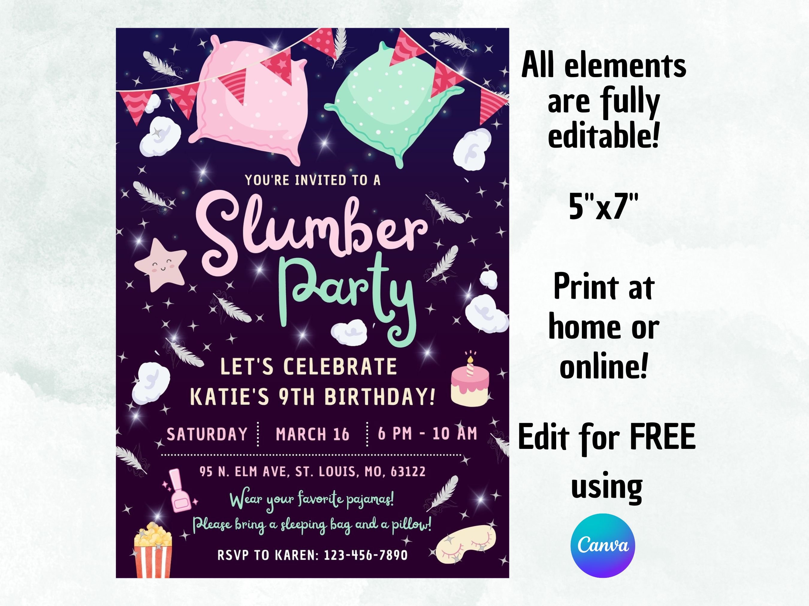 Sleepover Party Invite Printable Editable, Tween Slumber Party, Pajama ...