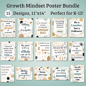 Boho Growth Mindset Poster Bundle Classroom Motivational Decor School Counselor Positive Affirmation High School Office Inspirational Quotes